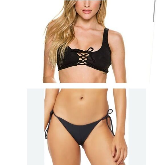 NWT L*space Swimsuit Set Romi Lace Up Bikini Top Large Side Tie Bottom Medium - Picture 1 of 9